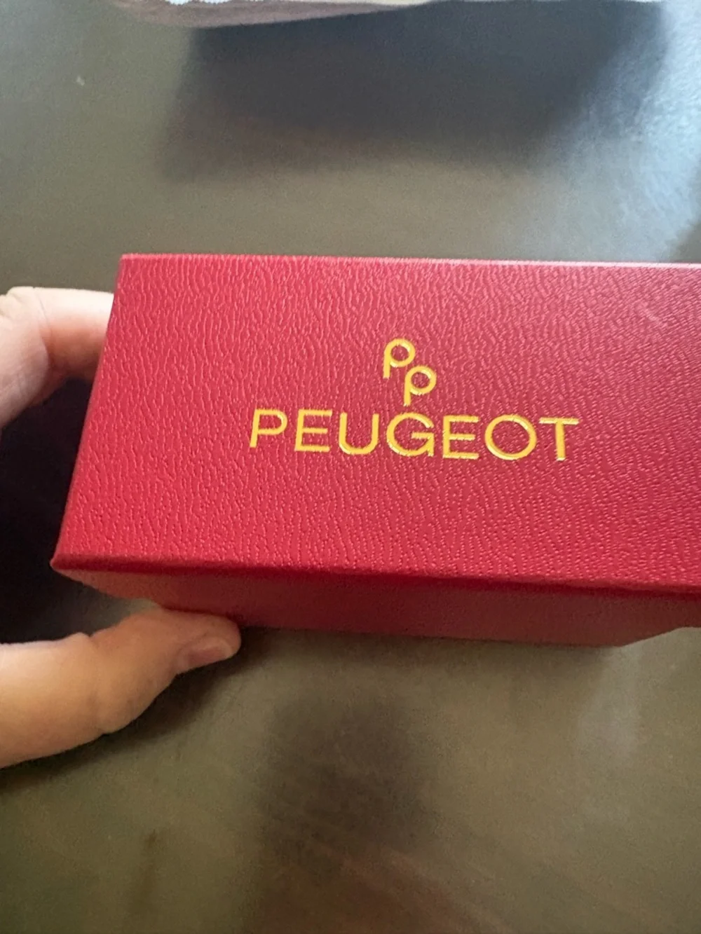 Peugeot Gold-Tone Square Watch with Red Strap